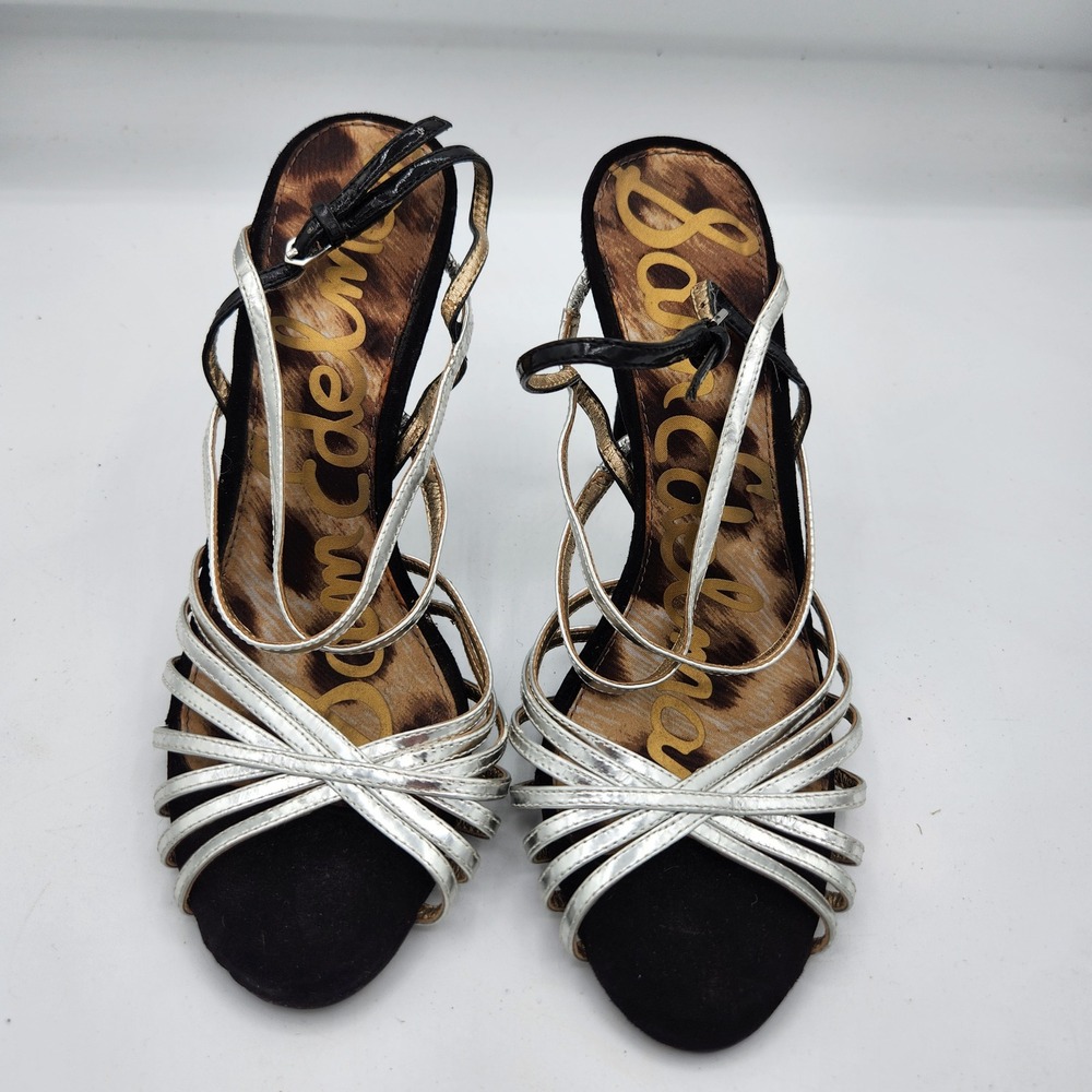 Sam Edelman Harlette Heels Silver Ankle Strap Stiletto Leopard Women's‎ 6.5M
